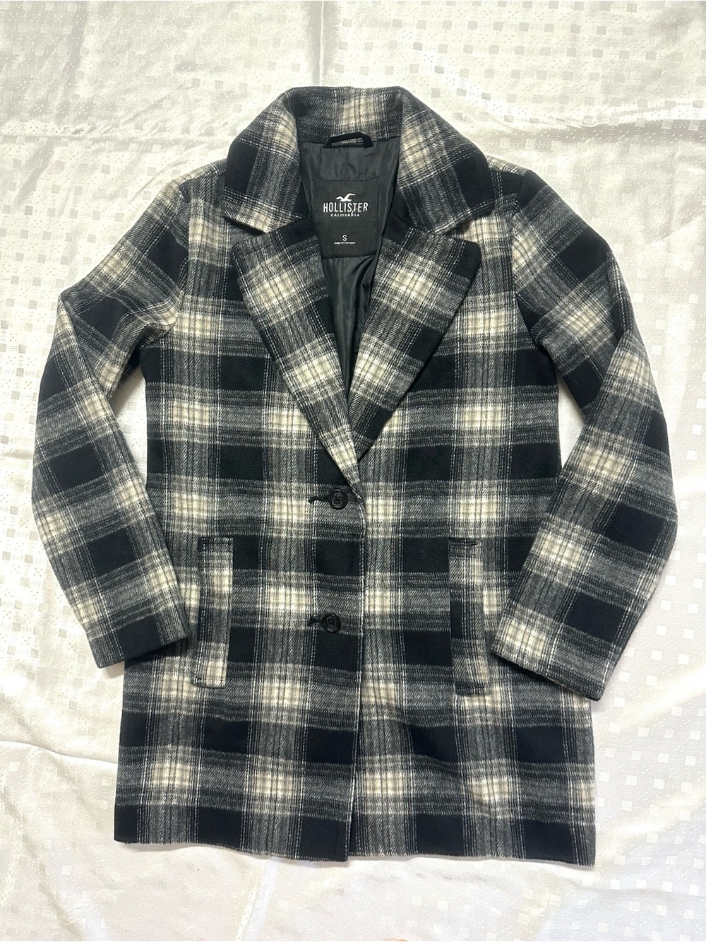 Hollister Black & Cream Plaid Pea Coat